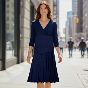 Rekucci Womens Navy Blue Faux Wrap Ruched 3/4 Sleeve A-Line Dress Size 12 NEW